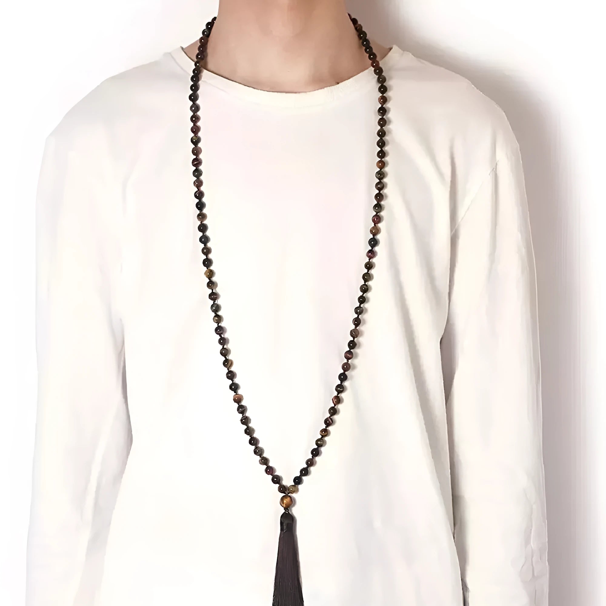 Agate geometric tassel necklace with multicolour stone pattern and adjustable length