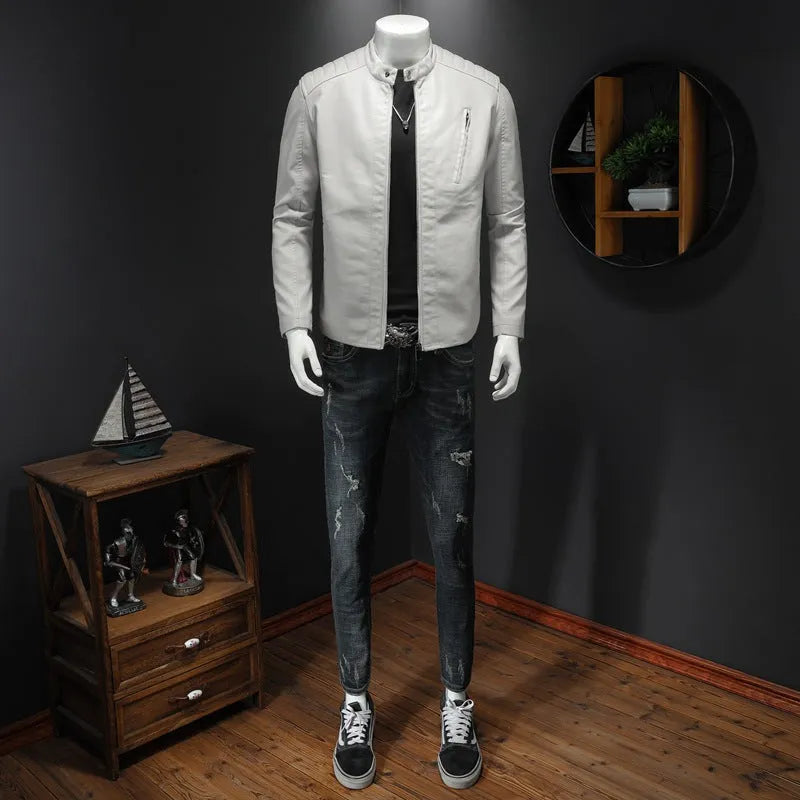 Plus size men's black PU leather jacket with stand collar, front zip, and zipper pockets, available in sizes M to 5XL