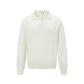 Loose beige pullover sweater on a hanger, front view.