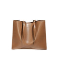 Women's brown genuine leather one shoulder handbag with horizontal square shape showing interior organisation compartments