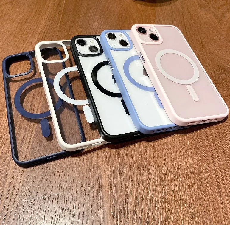 Transparent MagSafe iPhone case showing magnetic ring compatibility in blue colour option