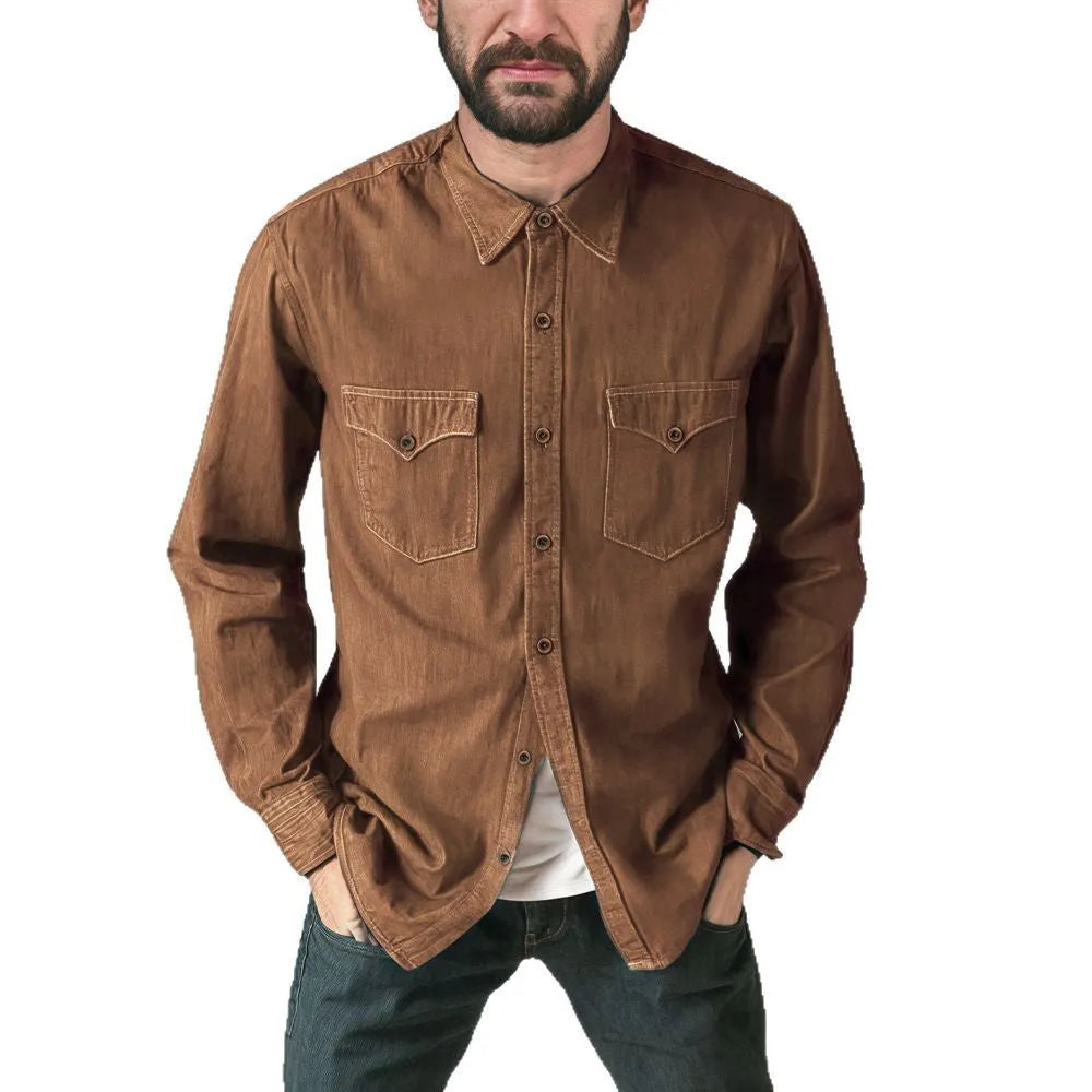 A long denim cardigan coat in a regular fit, shown in one of four available colours.