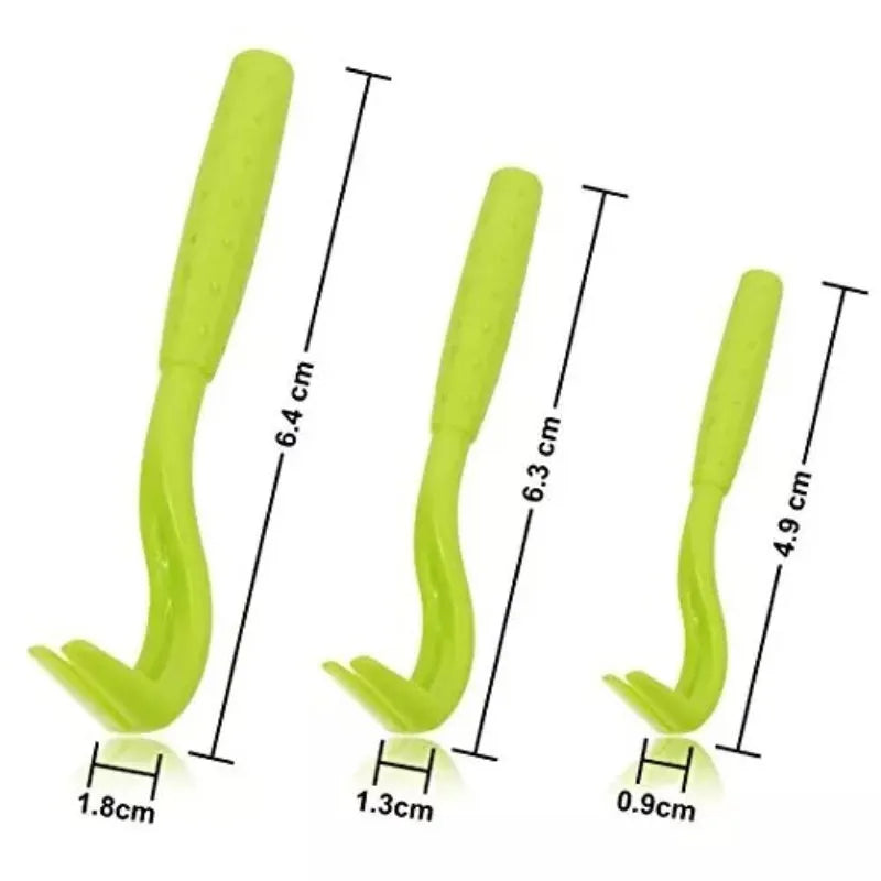 Three plastic pet tick removal hook tools in blue and green colours
