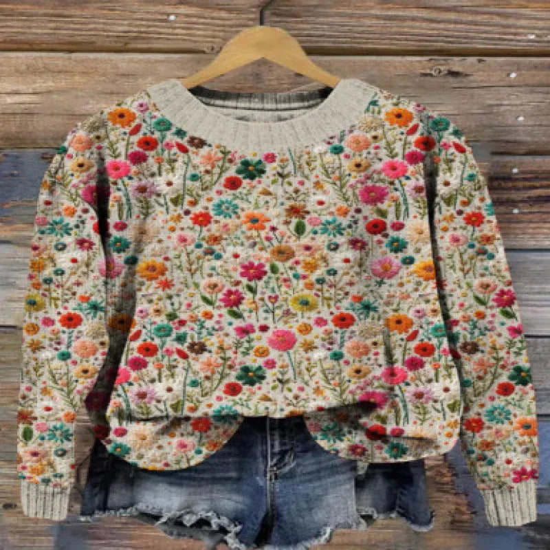 Little Flower digital printed round neck sweater in a floral pattern, made from polyester fabric.