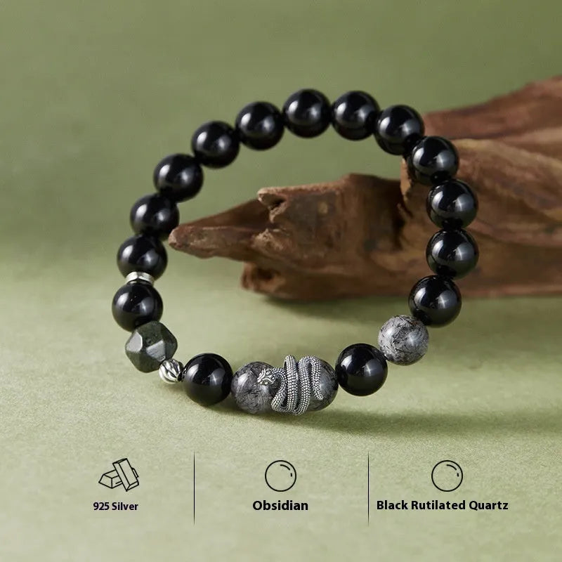 Men's black snake zodiac bracelet in S925 sterling silver with obsidian crystal elements, retro style 10mm jewellery
