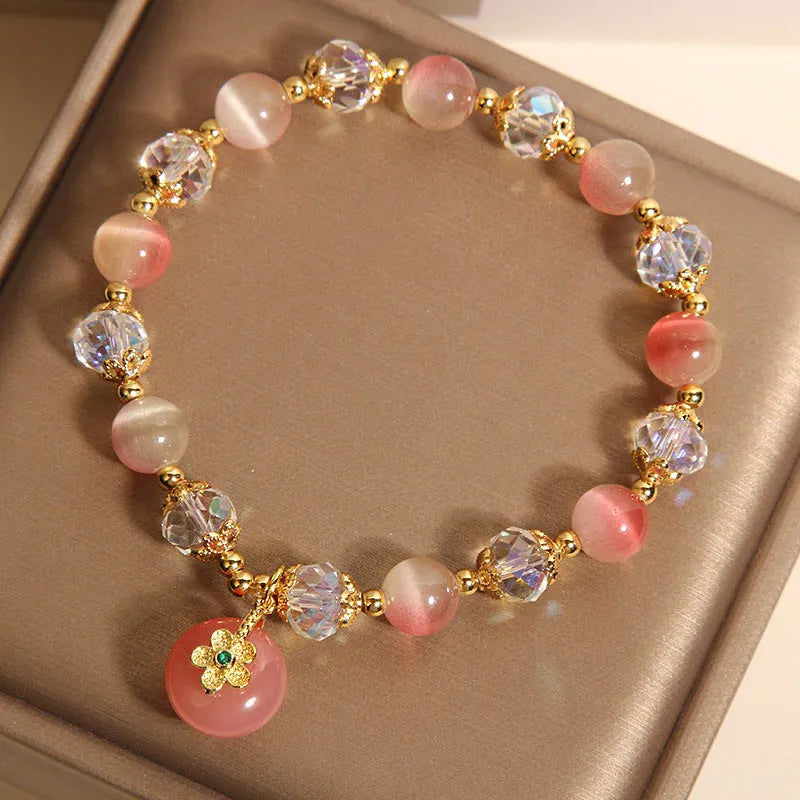 Gradually Varied Pink Opal Bracelet with crystal alloy inlay and peace buckle, women's Japanese Korean style