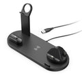 Universal desktop charging stand with 15W wireless phone charger, headset hook, and watch stand in black finish