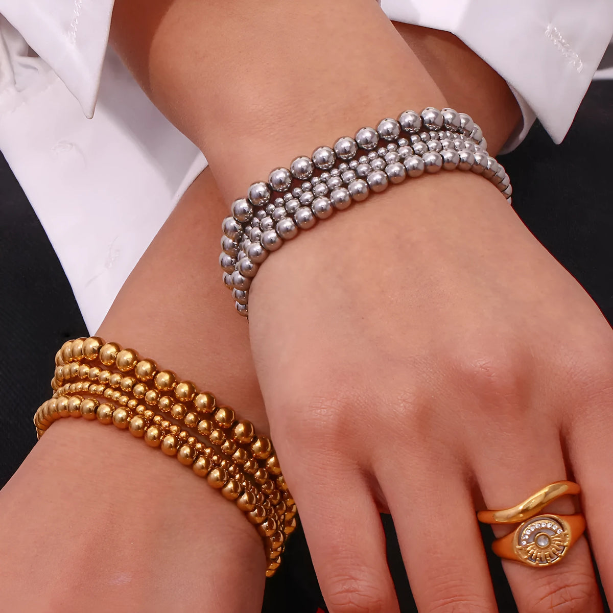 Niche vintage stainless steel plated 18K gold elastic bead bracelet for women round geometric shape gold 4mm