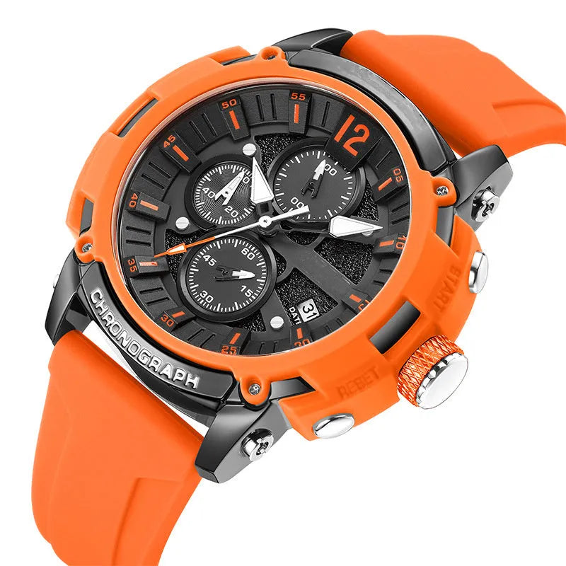 Men's multi-function luminous waterproof calendar watch in various colours showing 51mm case.