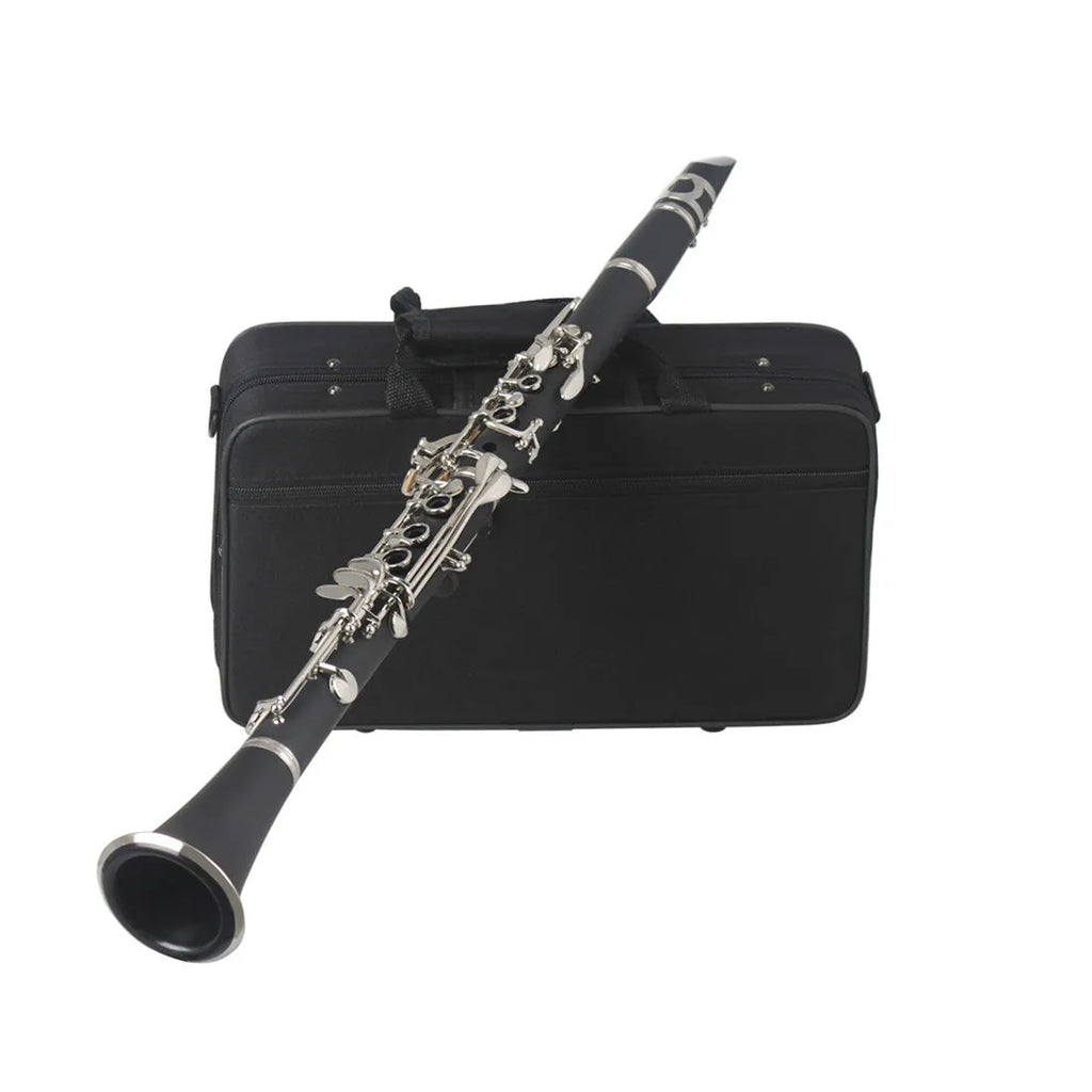 Black Bakelite body beginner clarinet with nickel-plated keys next to its included carry bag.
