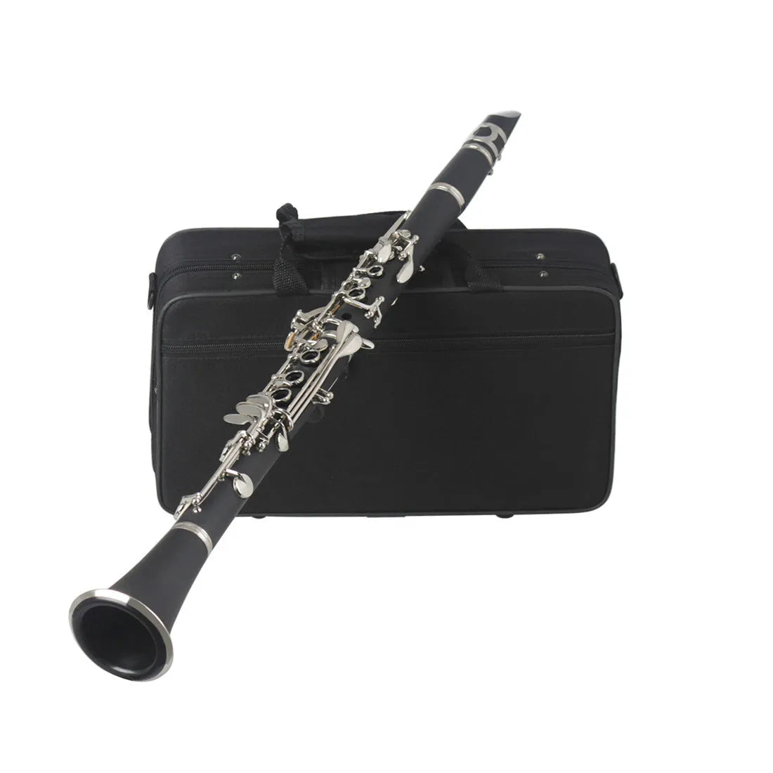 Black Bakelite body beginner clarinet with nickel-plated keys next to its included carry bag.