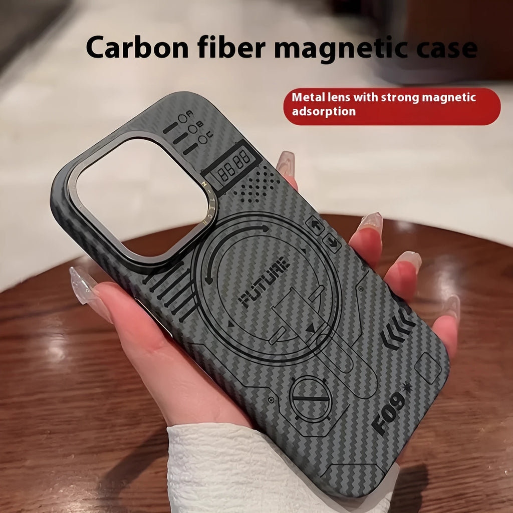 PC phone case with carbon fiber grain texture, Graphite Black colour, magnetic ring visible, for iPhone series.