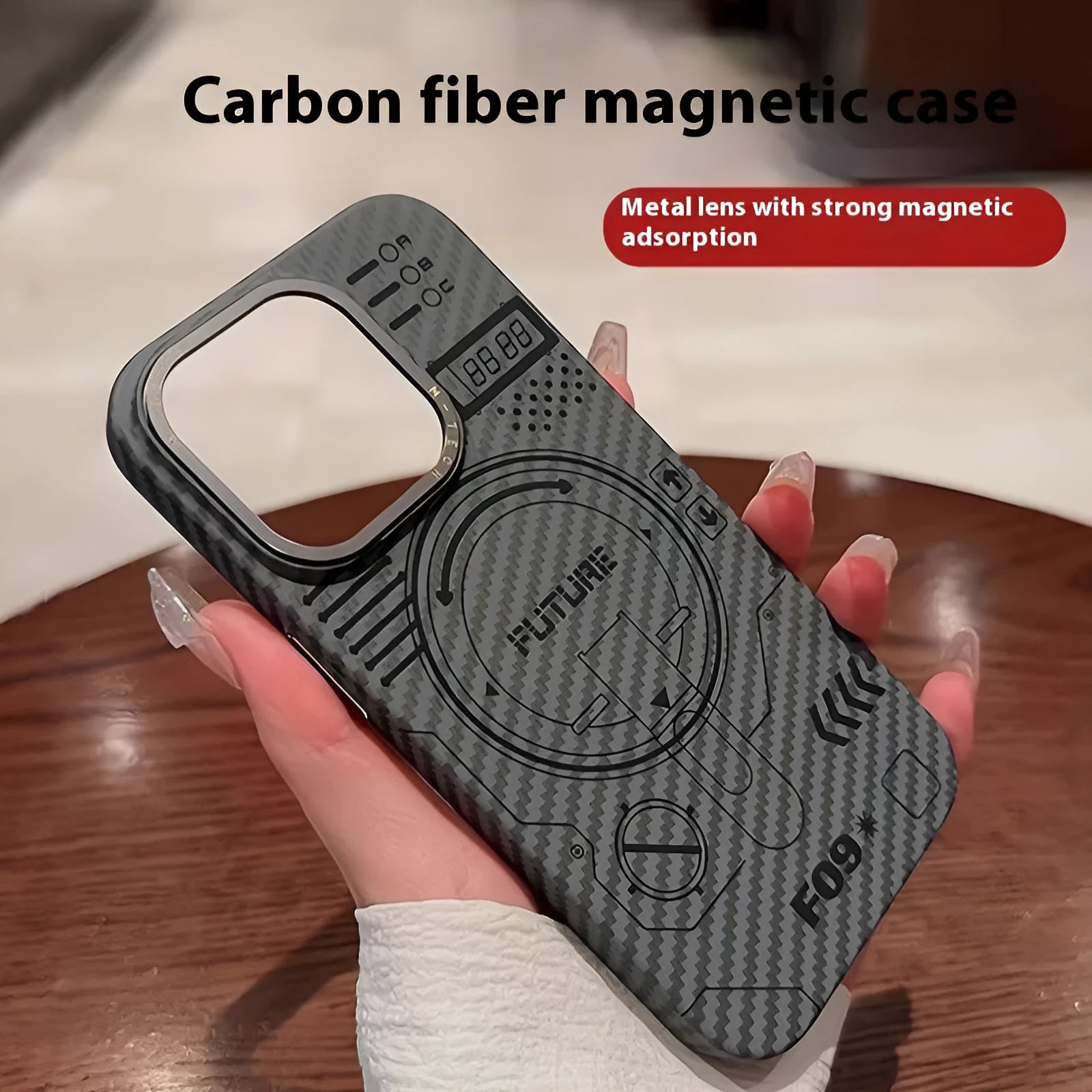 PC phone case with carbon fiber grain texture, Graphite Black colour, magnetic ring visible, for iPhone series.