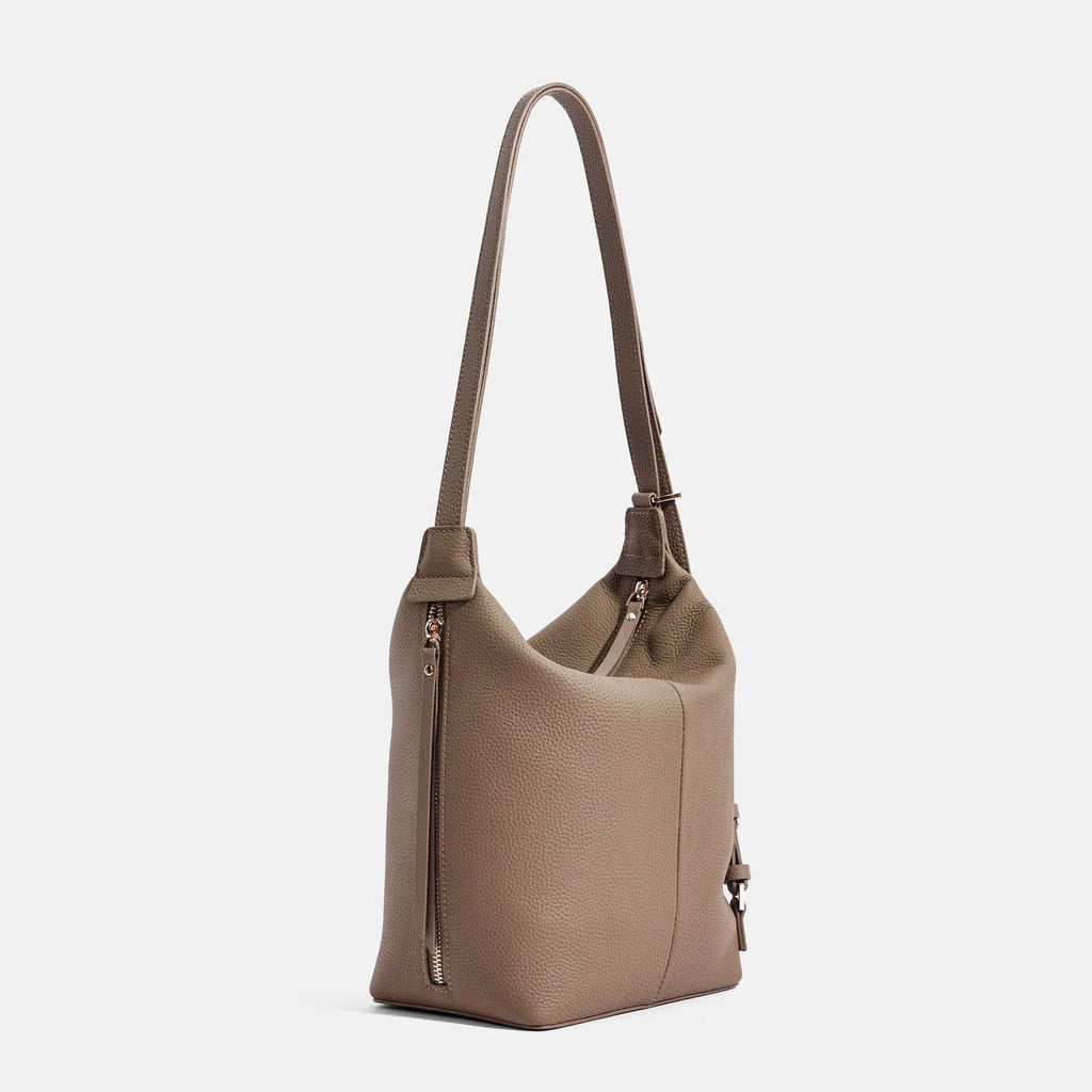 Women's soft cowhide leather bucket shoulder bag in elephant grey colour showing large capacity design