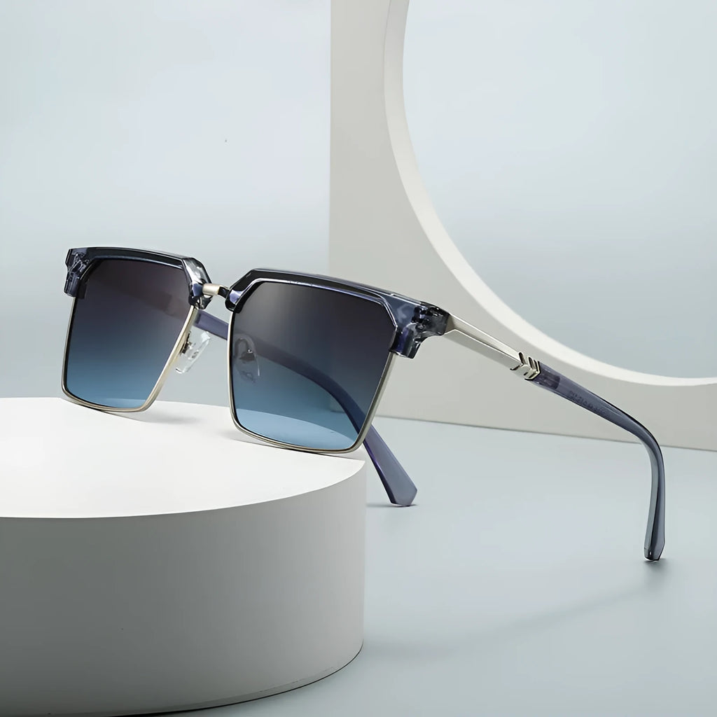Men's square sunglasses showing adjustable temple hinge and gradient lens in green frame option.