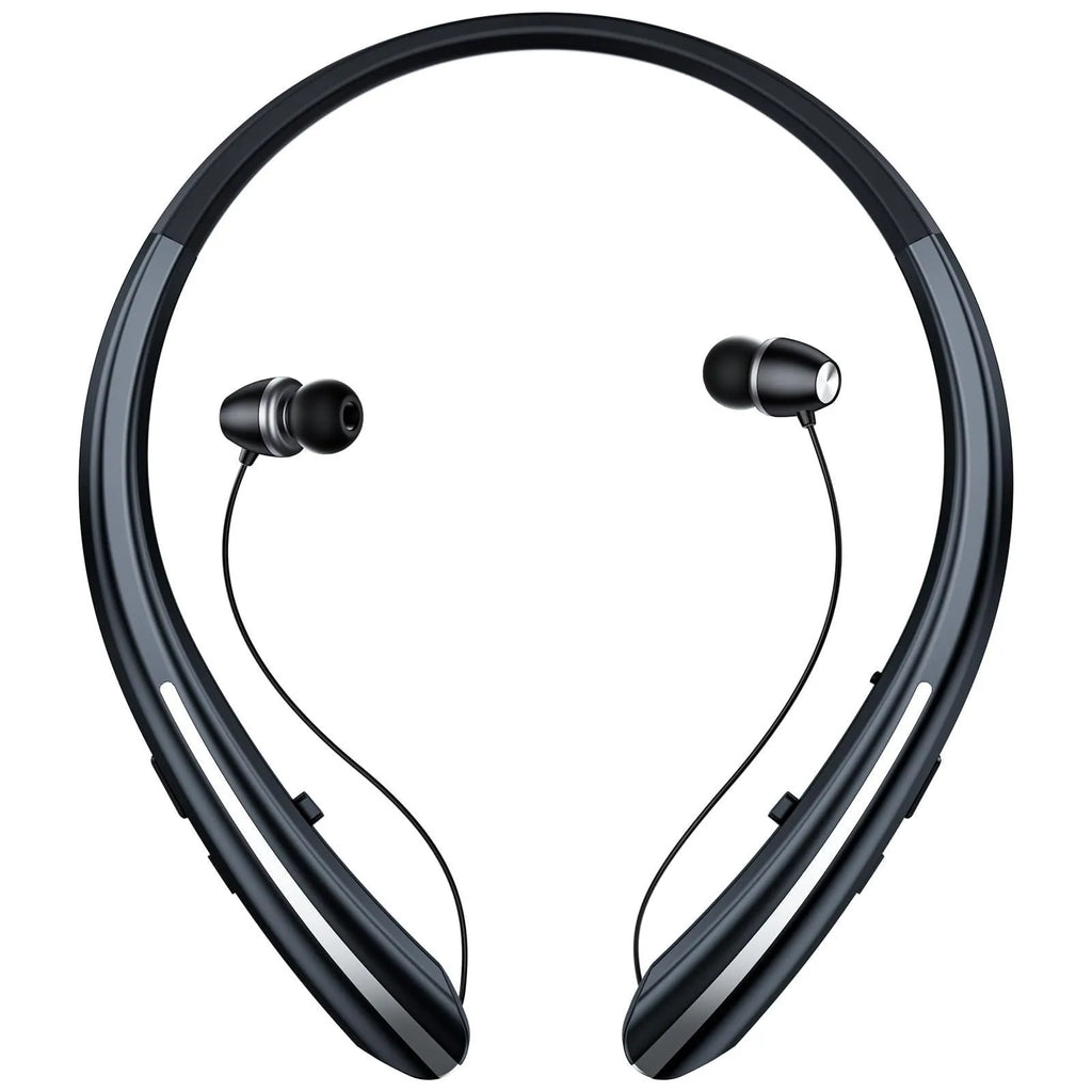 Wireless sport headphones with ultra-long battery, digital display, and hanging neck design in black silver