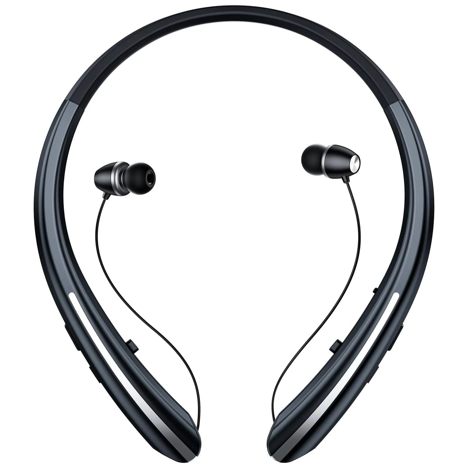 Wireless sport headphones with ultra-long battery, digital display, and hanging neck design in black silver