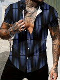 Men's slim fit geometric print short sleeve shirt with lapel collar on a hanger.