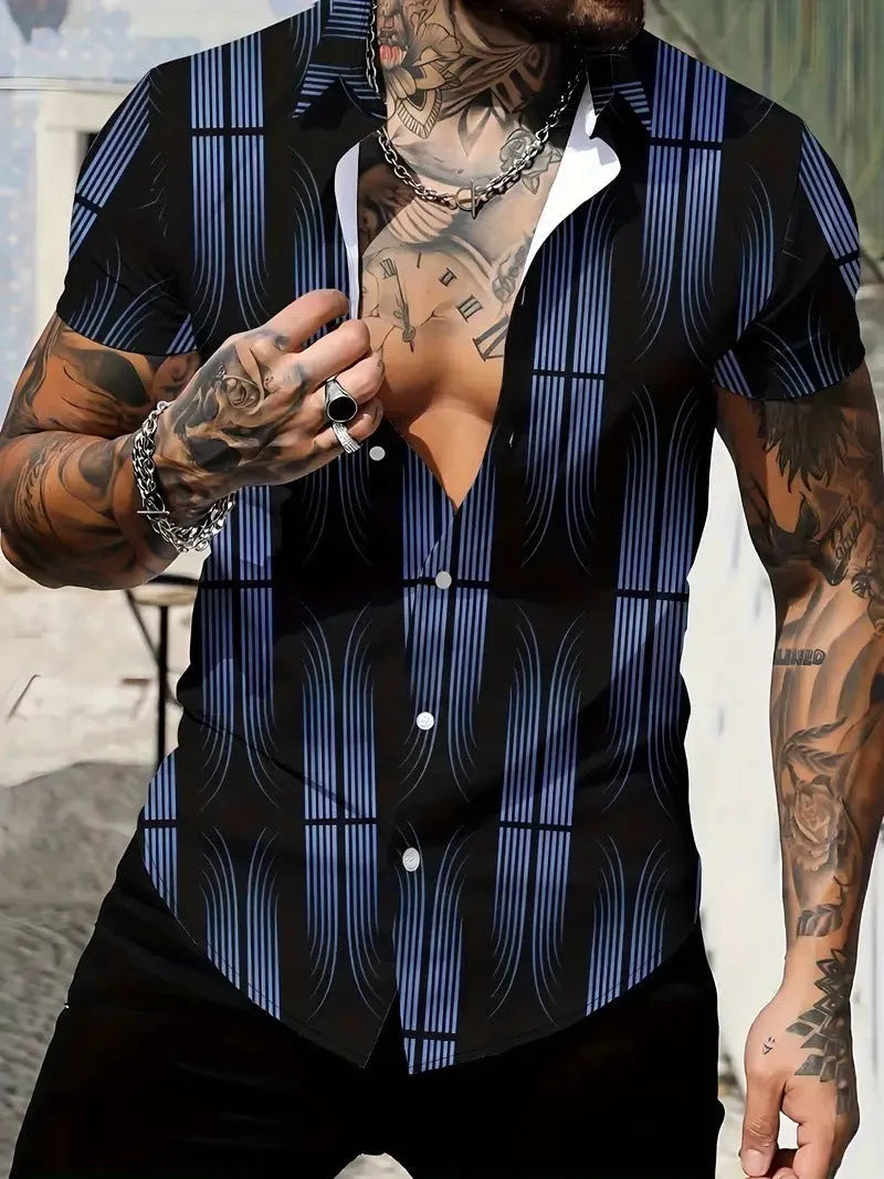 Men's slim fit geometric print short sleeve shirt with lapel collar on a hanger.