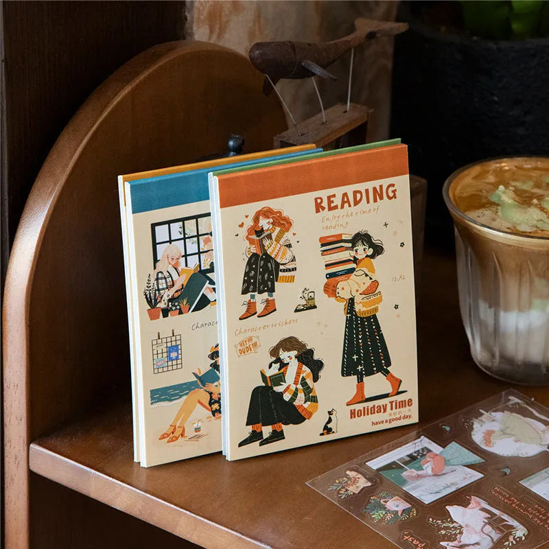 Double material retro character landscape sticker book with quiet reading time, planting small pot plant, holiday live healing time themes