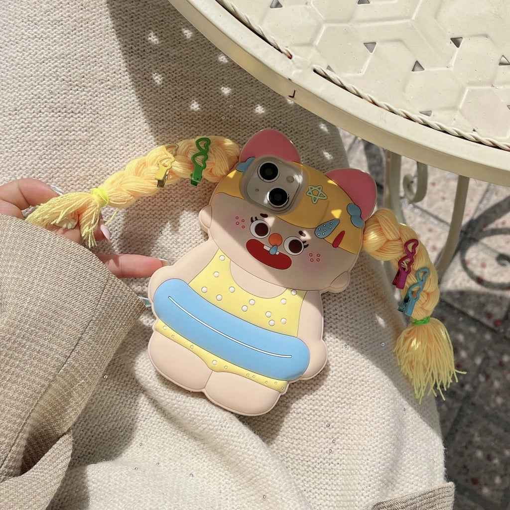 Cartoon yellow braid swim ring girl silicone phone case for iPhone, anti-fall protective cover