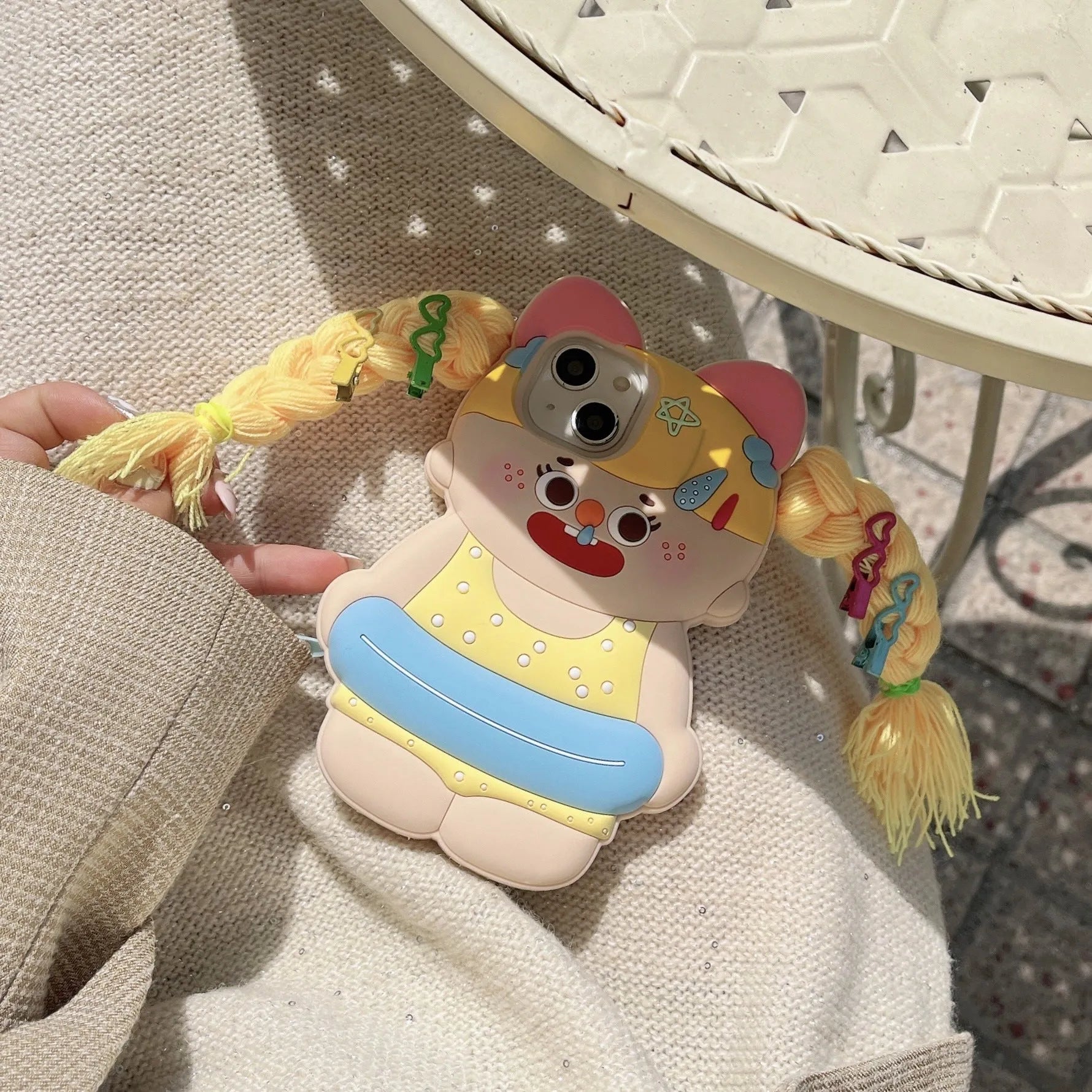 Cartoon yellow braid swim ring girl silicone phone case for iPhone, anti-fall protective cover