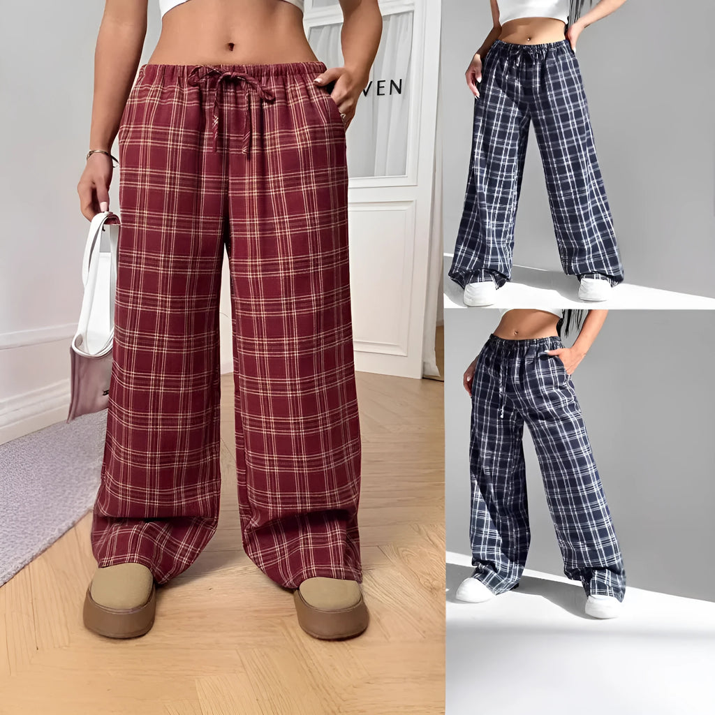 Women's red casual loose trousers with drawstring waist and plaid pockets on mannequin