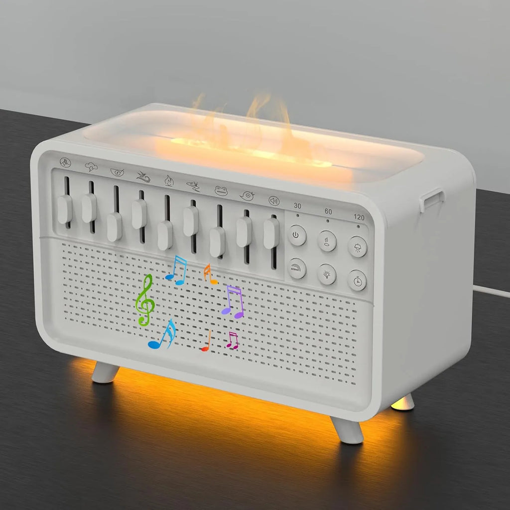 White geometric 3-in-1 sleep machine with humidifier, Bluetooth speaker and night light functions