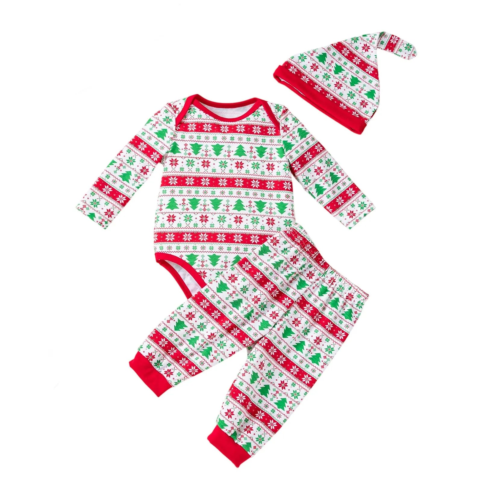 Christmas tree print three-piece baby outfit with bodysuit pants and hat on white background