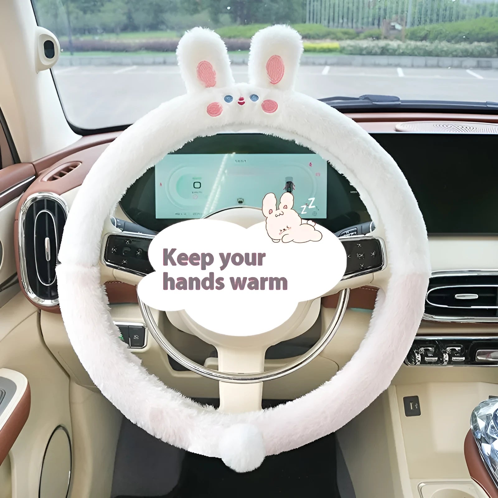 Plush faux fur steering wheel cover with embroidered cartoon bear face, fitted on a car steering wheel