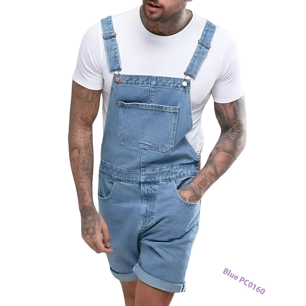 Mid-waist denim suspender shorts with elastic fabric and zipper fly in three colour options
