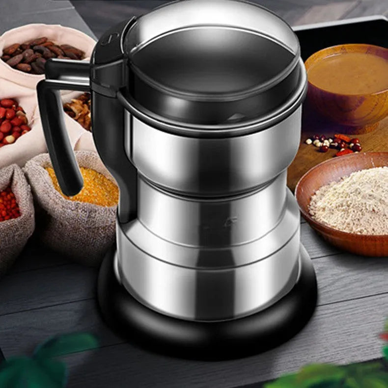 Electric domestic flour mill stainless steel body compact 13x21 cm semi-automatic with handle