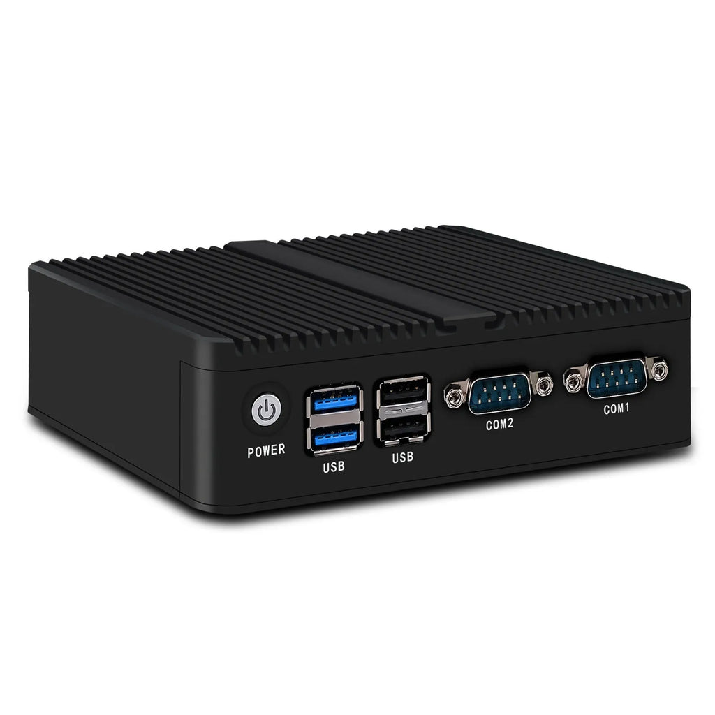 Industrial fanless mini-host computer with compact aluminium chassis measuring 13.6x12.7x4cm