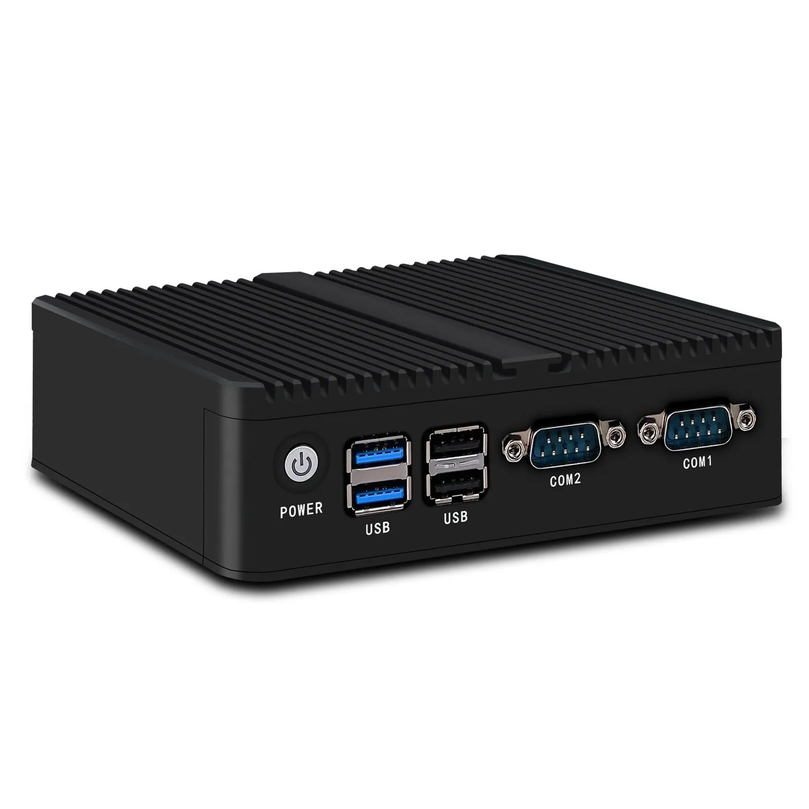 Industrial fanless mini-host computer with compact aluminium chassis measuring 13.6x12.7x4cm