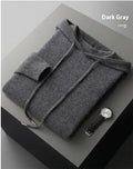 Men's light gray cashmere blend hoodie and matching long pants set on a hanger.