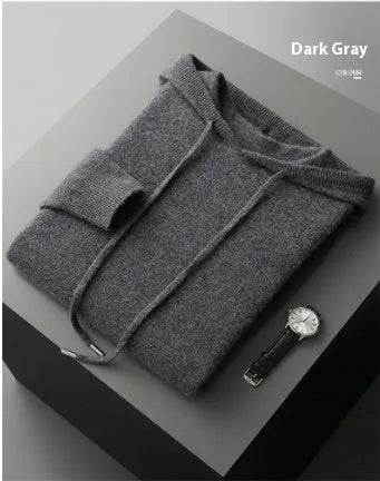 Men's light gray cashmere blend hoodie and matching long pants set on a hanger.
