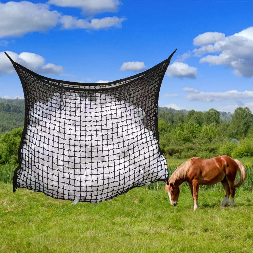 Woven PE rope horse feeding bag hanging with grid design in black colour