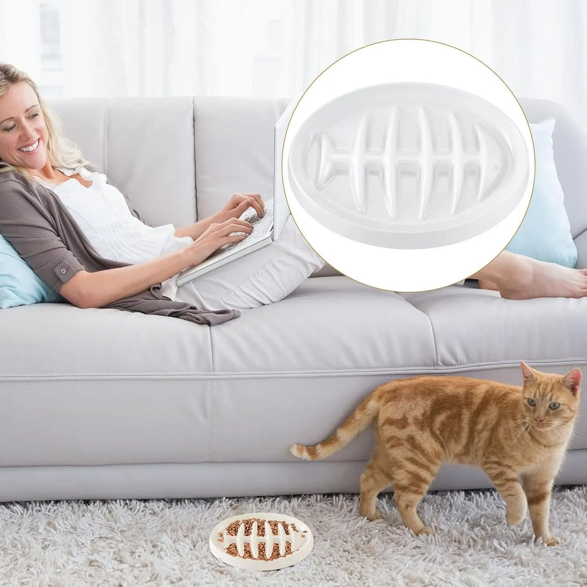 Green fishbone slow feeding plate for cats and small dogs, melamine material, 210mm size