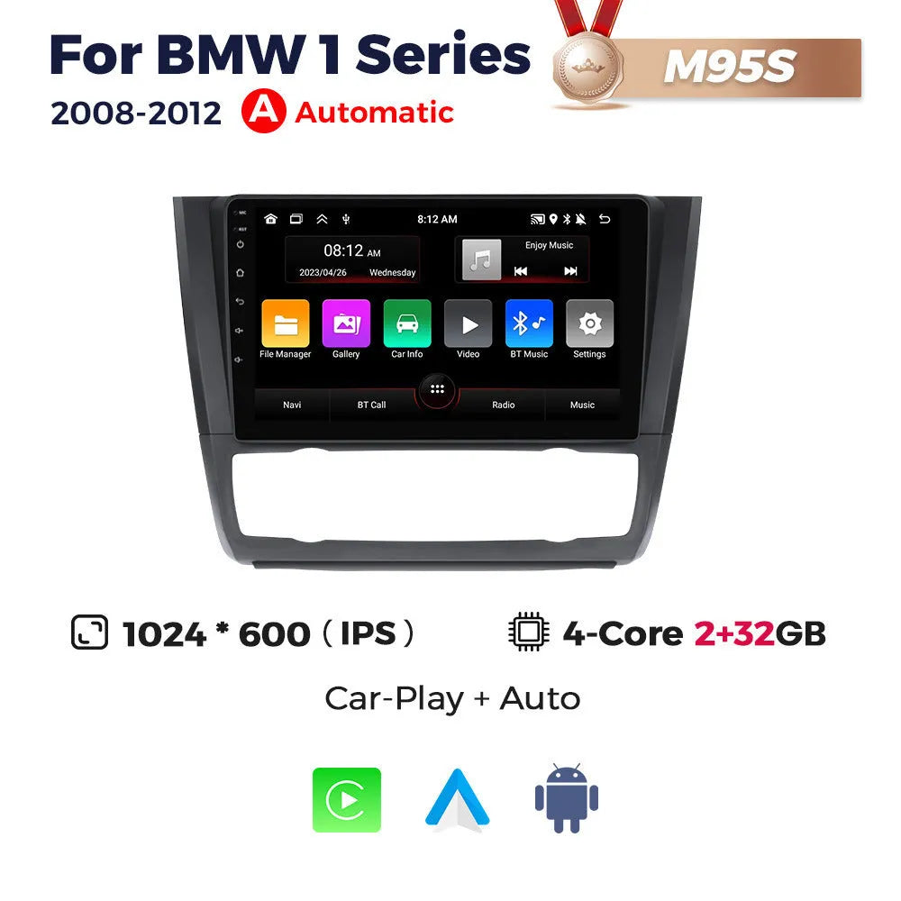 BMW E87 dashboard showing installed 9-inch Android car stereo and navigation touchscreen unit