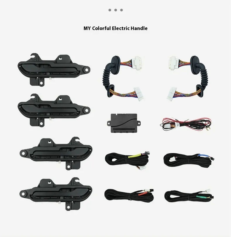 Black alloy car door handle modification set for Tesla Model Y and Model 3, including 2024 renewal model