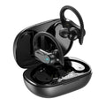 Ear-mounted IPX7 waterproof sports wireless headset with black silicone ear hooks and charging case