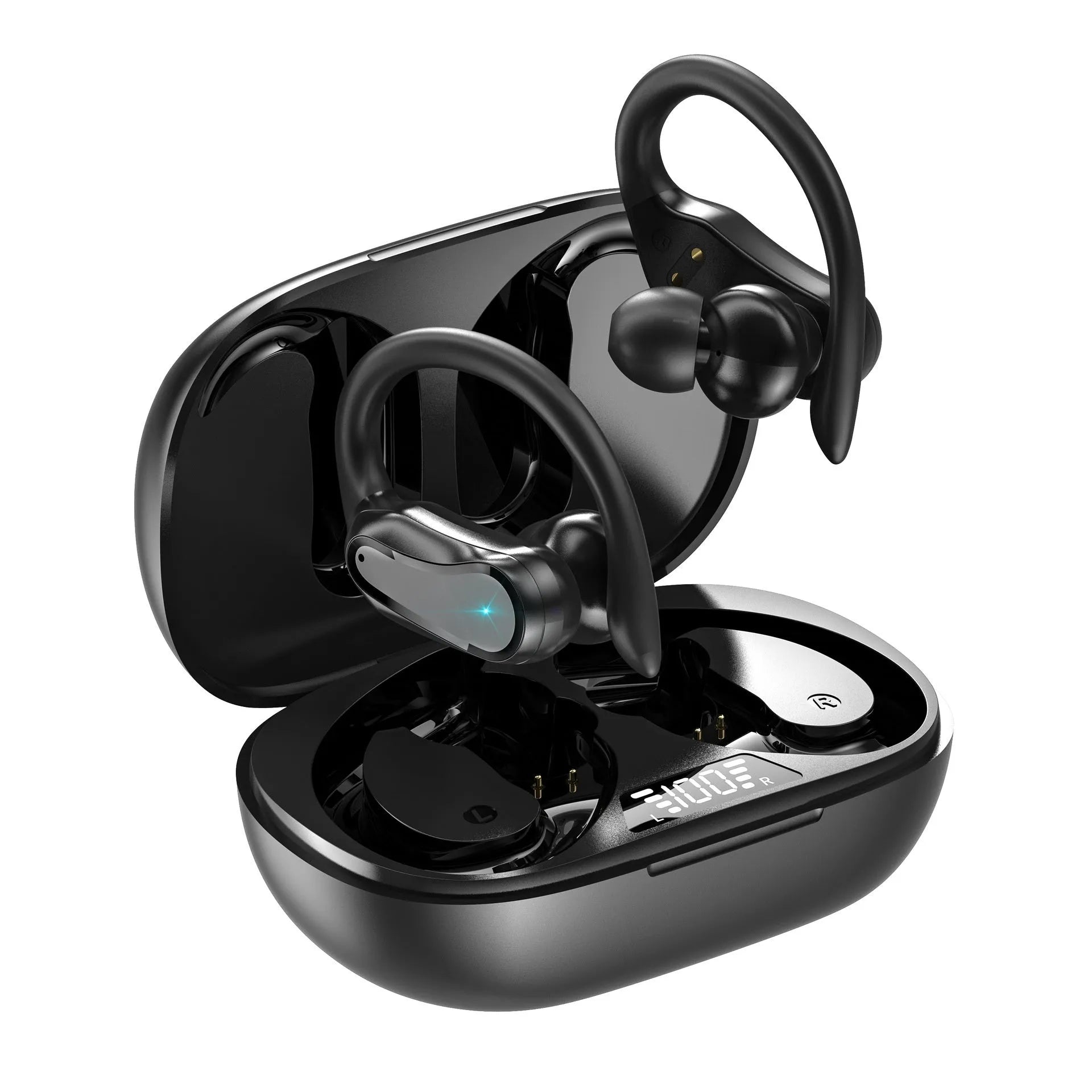 Ear-mounted IPX7 waterproof sports wireless headset with black silicone ear hooks and charging case