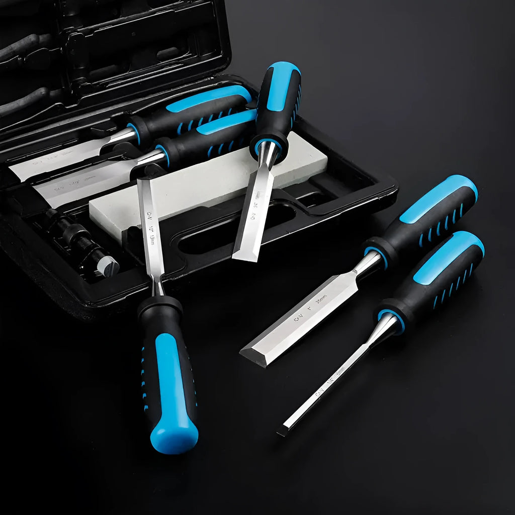 8-piece wood chisel set with blue finish including sharpening stone