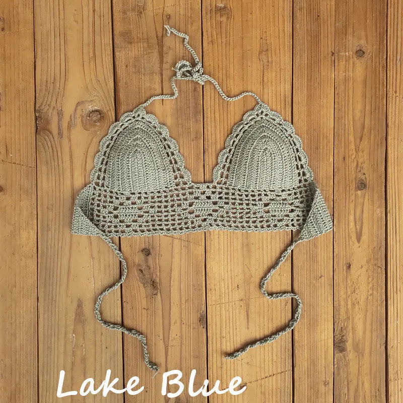 Women's backless acrylic bikini swimsuit top available in twelve colours including lake blue and light green.