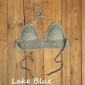 Women's backless acrylic bikini swimsuit top available in twelve colours including lake blue and light green.