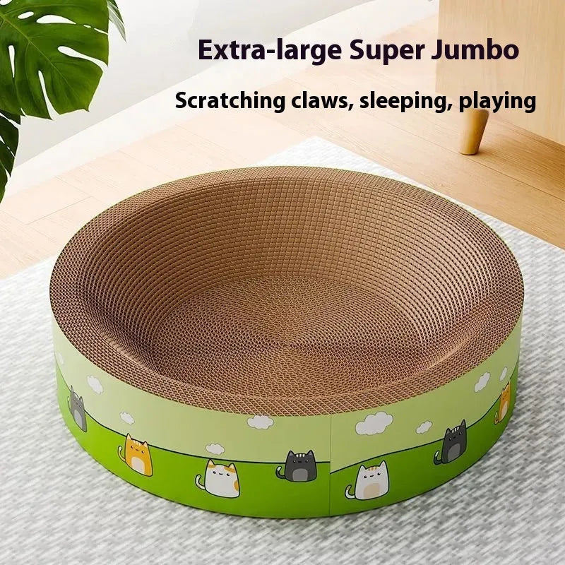 A large, round brown corrugated cardboard cat scratch board with a deep central pit, shown on a wooden floor.