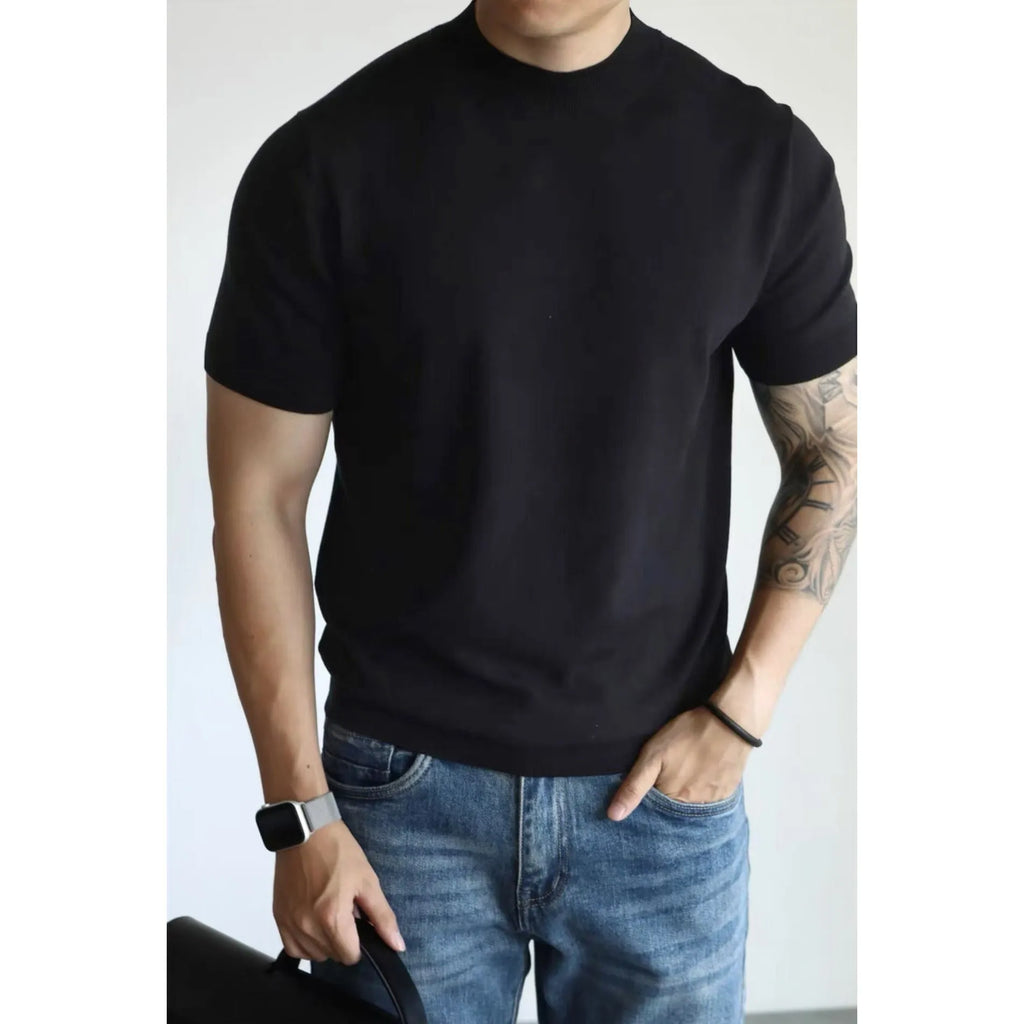 Men's slim-fit solid colour t-shirt in breathable polyester knitwear, shown in a neutral shade.
