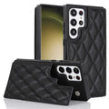 Samsung plaid double buckle phone case with card slot and kickstand in black, showing manual stitching veneer