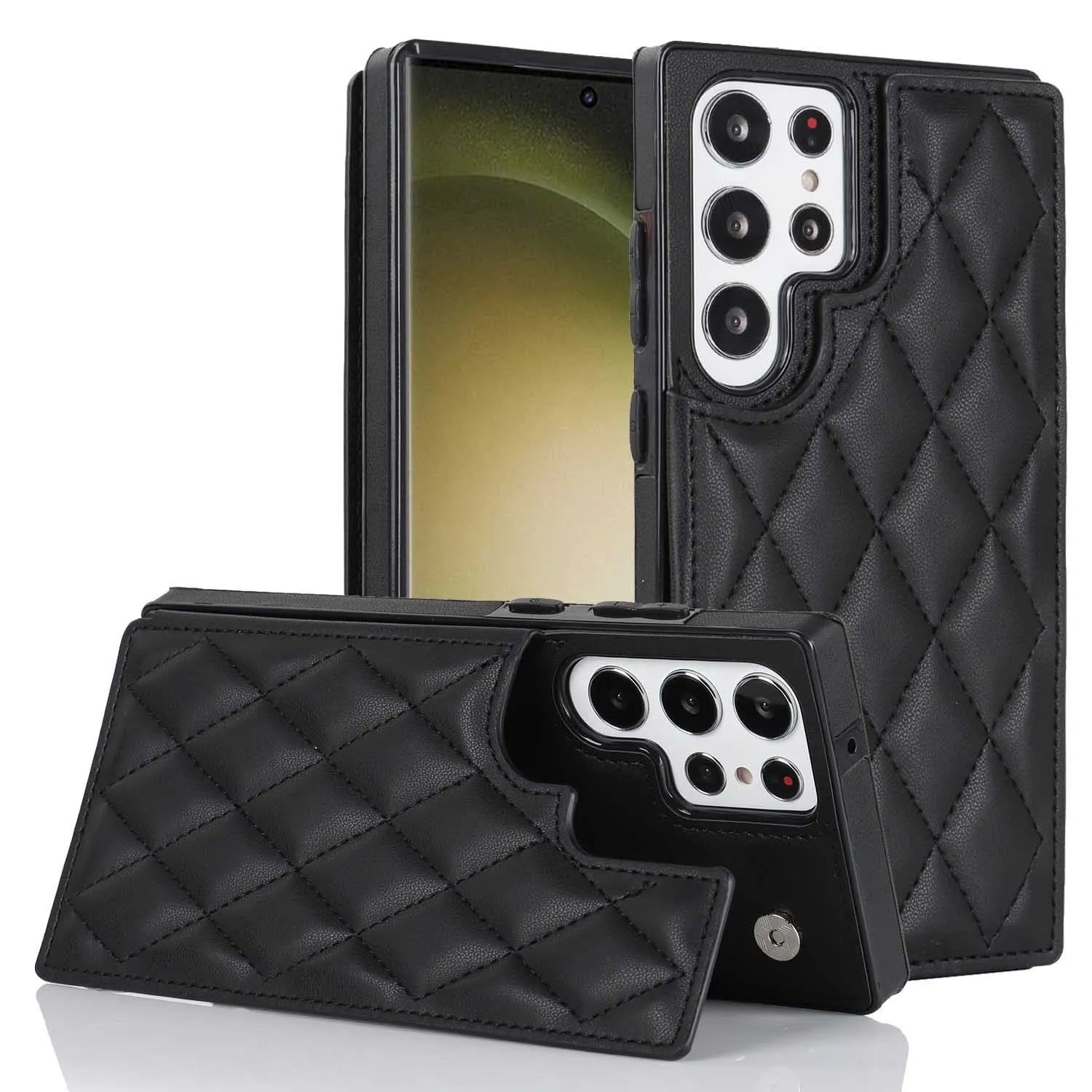 Samsung plaid double buckle phone case with card slot and kickstand in black, showing manual stitching veneer