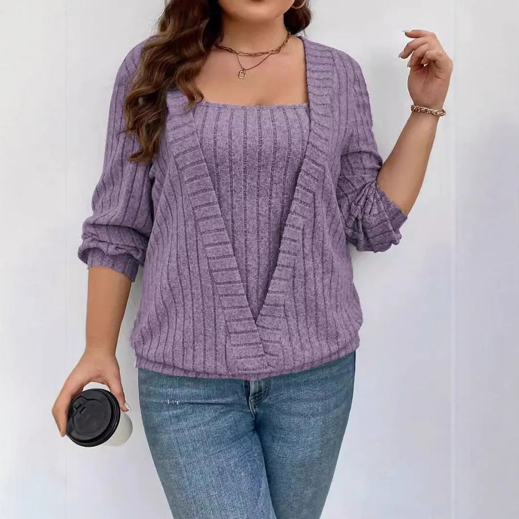 Women's solid colour ribbed V-neck long sleeve top with false skirt detailing in loose fit.